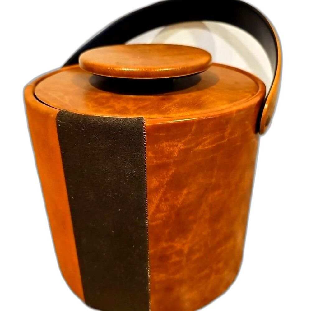 Vintage Mid Century Modern Ice Bucket Vinyl Leather Pattern Art Deco Brown Elmar